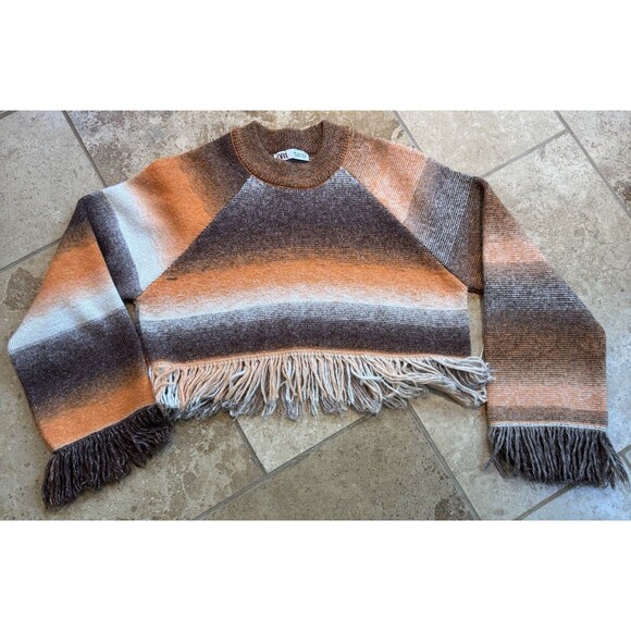 ZARA Boho Cropped Fringe Striped Pull Over Knit Sweater Brown Orange Size Small - Picture 6 of 10